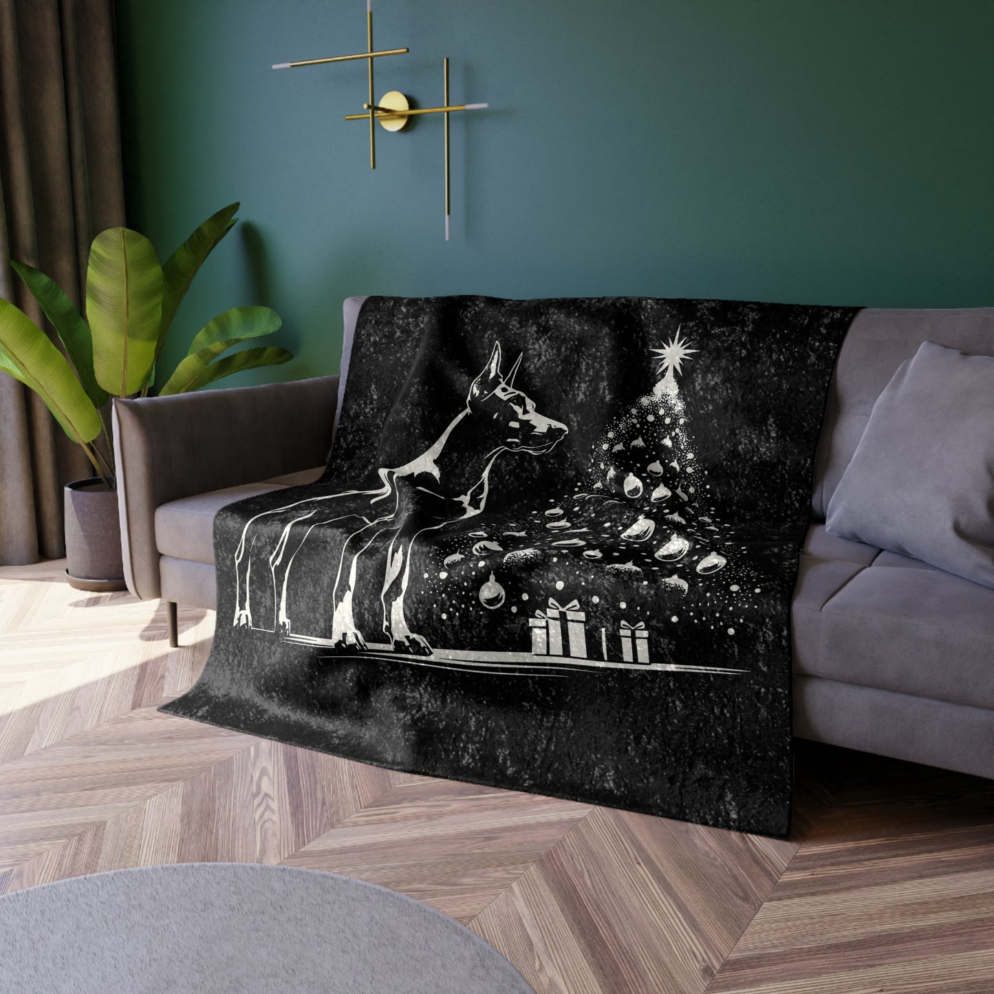 Doberman Christmas Tree Crushed Velvet Blanket