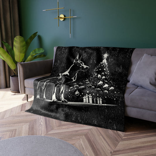 Doberman Christmas Tree Crushed Velvet Blanket