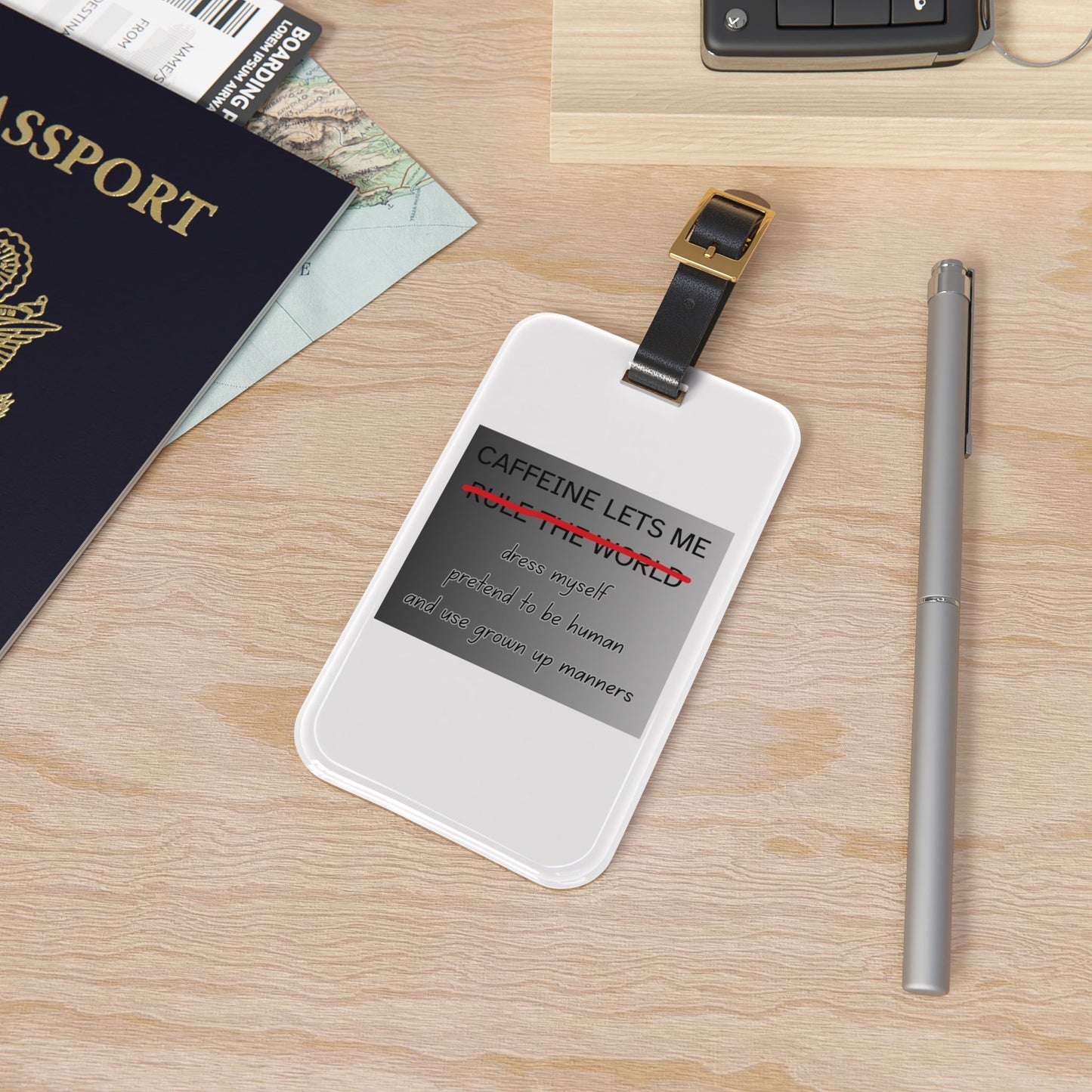 Caffeine Lets Me Leather Strap Luggage Tag