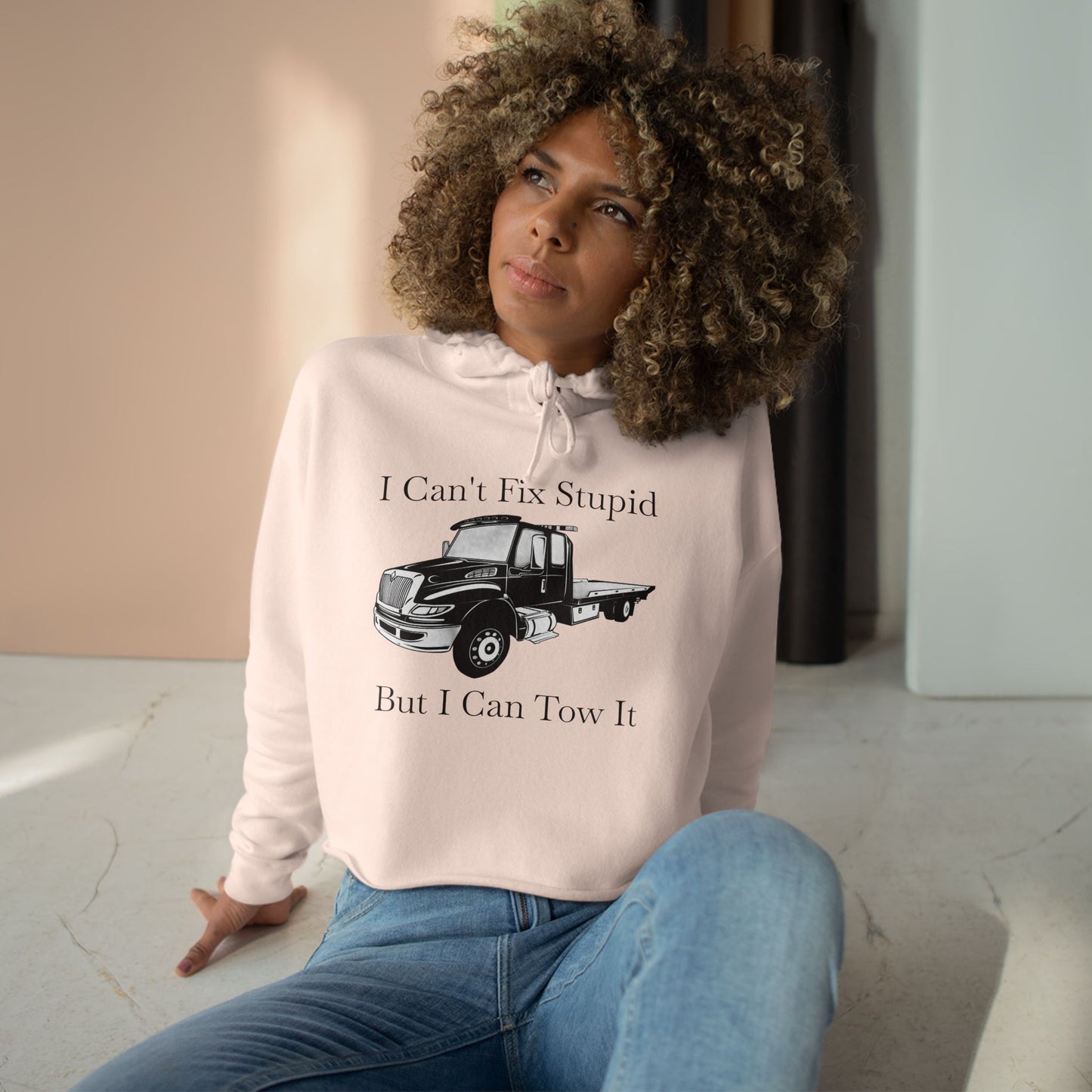 I Can't Fix Stupid Flatbed Tow Truck Women's Crop Hoodie